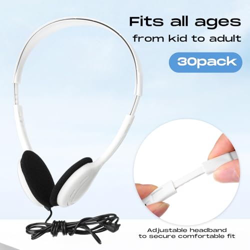 Yunsailing 30 Pack Bulk Over Ear Headphones Set On Ear Headsets Earphones with Adjustable Headband and 3.5mm Plug for Group Learning, Computer Lab, Library, Online Lesson (White) - color: White