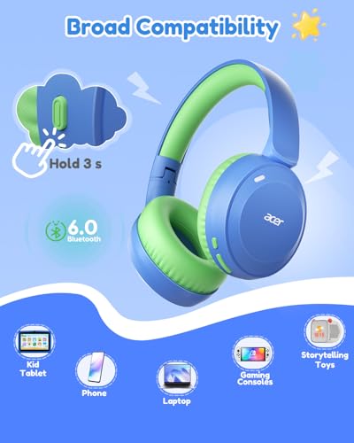 Acer Kids Bluetooth Headphones, 85/94dB Volume Limiter, Foldable Wireless Over-Ear Headphones for iPad, Travel, 60H Playtime, Bluetooth 6.0, Built-in Mic, Blue Green - color: Blue Green