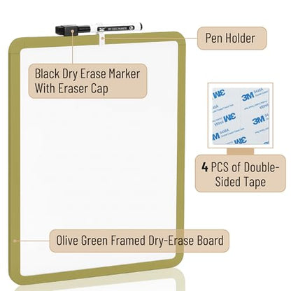 Mr. Pen- Dry Erase Board, 14” x 11” with a Black Dry Erase Marker | Olive Green Frame, Small Mini White Board for Students, Fridge, Wall, Locker, Includes Double Sided Tapes - color: Olive Green