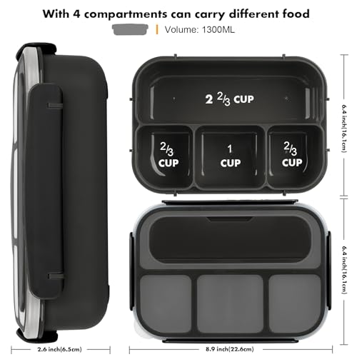 Yumuk Bento Box for Kids 1300ML with 4 Compartment & Cake Cups, Black | Lunch Box Containers for Adults/Kids/Toddler, Leak-Proof, Microwave/Dishwasher/Refrigerator Safe, BPA Free - color: Black