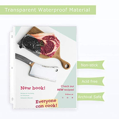 Heavy Duty Recipe Page Protectors | 30 Clear Refill Sheets | 8.5 x 11 Inch Paper Sleeves | Acid-Free Plastic | Reinforced Holes for 3-Ring Binders | Spill-Resistant