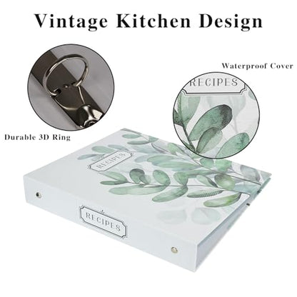 3 Ring Binder, 8.5x9.5, Full Page Binder Set with 25 Pages, 50 Recipe Cards & 6 Dividers - color: Leaves, size: Medium