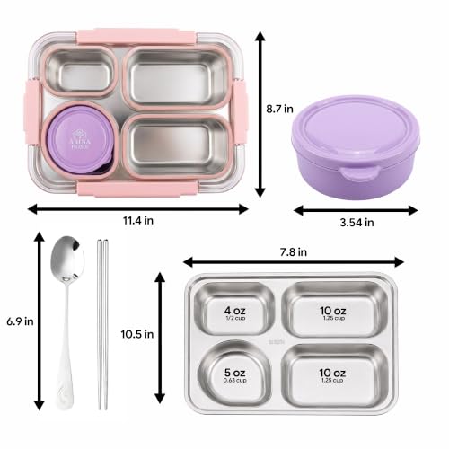 Large 10 x 7.5" Stainless Steel Bento Lunch Box with 4 Compartments Leakproof Lid BPA-Free 304 Stainless Steel Food Container That Keeps Food Separate for Adults and Kids School Office and Travel,Pink - color: Pink
