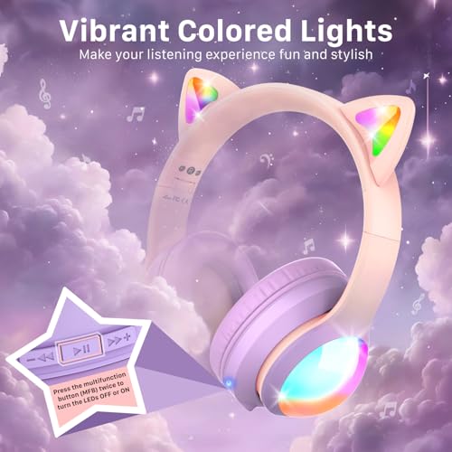 FosPower Kids Bluetooth 5.2 Headphones with LED Cat Ears (85/94dB Safe Volume Limit) Foldable Wireless or Wired Headset with 100hr Play Time and 3.5mm Cable for School/Travel - Light Pink/Light Purple - color: 05 - Light Pink/Light Purple (Bluetooth)