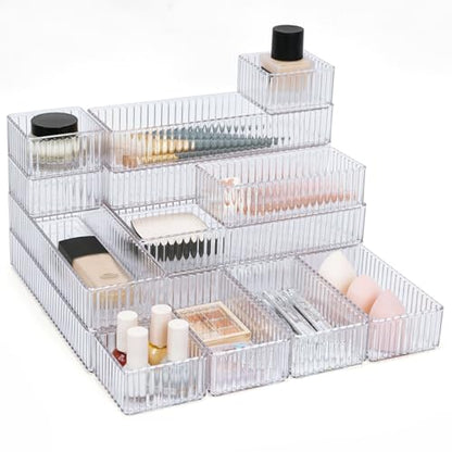 HOTOOLME 14PCS Clear Drawer Organizers Bins, 4 Size Clear Makeup Drawer Organizer, Stackable Vanity Drawer Organiser Trays, Bathroom Drawer Storage for Cosmetics, Office Supply - style: 14 Pack
