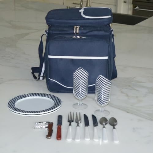 Picnic at Ascot Original Insulated Picnic Basket/Cooler Equipped with Service for 2- Designed, Assembled & Quality Approved in the USA - color: Navy/White