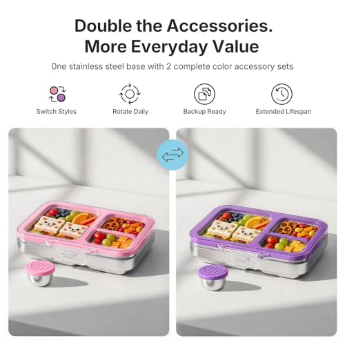 Leak-Resistant 18/8 Stainless Steel Bento Lunch Box Kids 7+ and Adults | 2 Swappable Style Accessories, BPA-Free Tritan Lid, Dishwasher Safe, School, Office & Travel - color: Pink