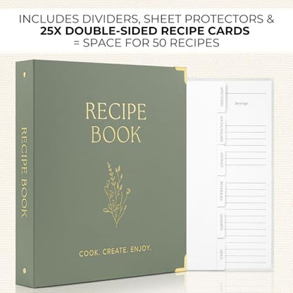 Aesthetic 8.5" x 11" Recipe Binder with Waterproof Cover - The Perfect Recipe Book with Plastic Sleeves to Write in Your Own Recipes - Quality Blank Cookbook Binder, Cards incl. - color: Sage Green, size: Large - 8.5x11"