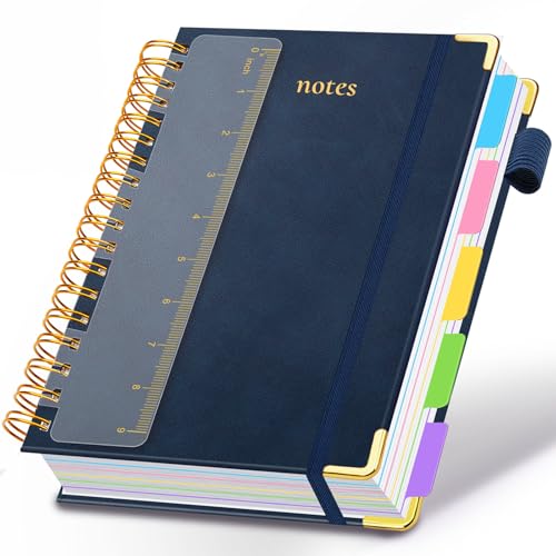 Hardcover Spiral Notebook 8"x10" Journal Notebook with Tabs and Removable Dividers 300 Pages 5 Subject Notebook College Ruled, Faux Leather Spiral Bound Notebook for Women School Work (Dark Blue) - color: Dark Blue, size: 8"x10"(B5)