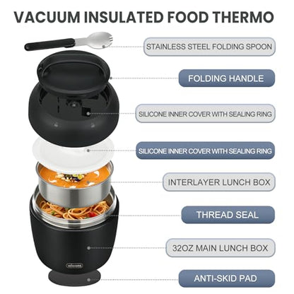wiwens Thermo Food Jar for Hot Food Adults 32OZ Soup Thermo Lunch Containers Wide Mouth Vacuum Insulated Stainless Steel Leakproof Bento Box with Spoon - color: Black3