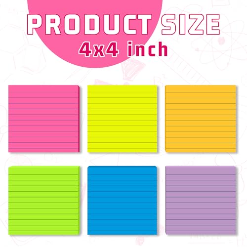 (12 Pads) Lined Sticky Notes 4x4 in Post, 6 Bright Colors with Lines Self-Stick Note Pads it, Strong Adhesive, 46 Sheets/Pad, 552 Sheets in Total - size: 4x4 in