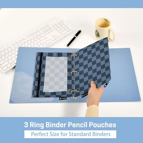 Steelblue Buffalo Plaid Binder Pouches 3 Ring for Boys Girls School Office College Supplies Blue Chessboard Darkblue Turquoise Aqua Pencil Pouches Case Bag with Clear Window and Zipper 2 Pack - color: Steelblue