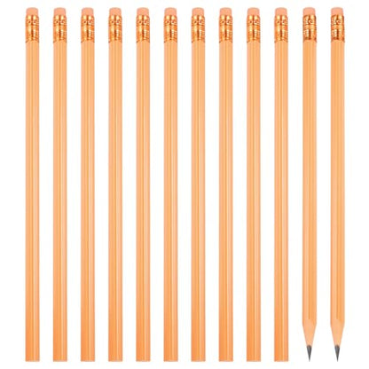 PATIKIL Round Pencils, 12 Pcs Triangle HB Graphite Pencil Wooden Pencils with Eraser for Classroom Office Writing Drawing Supplies, Orange - color: Light Orange