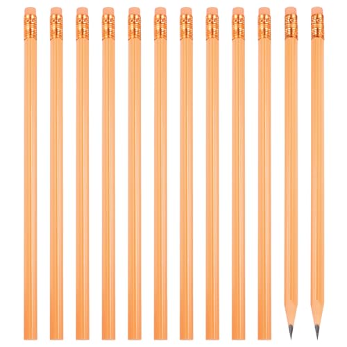 PATIKIL Round Pencils, 12 Pcs Triangle HB Graphite Pencil Wooden Pencils with Eraser for Classroom Office Writing Drawing Supplies, Orange - color: Light Orange