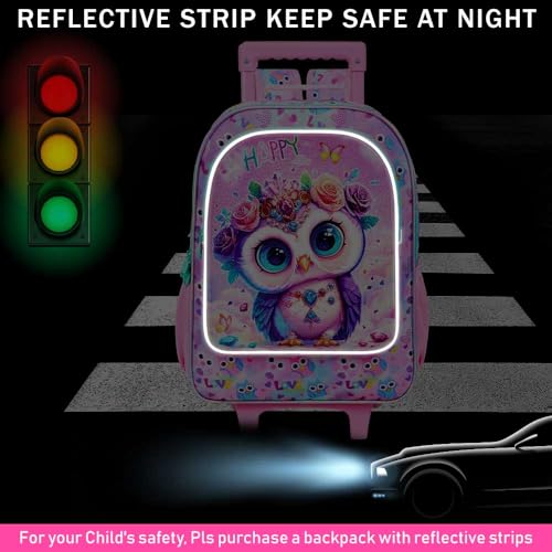 3Pcs Rolling Backpack for Girls, Kids Roller School Backpack with Wheels, Owl Wheeled Bookbag for Elementary Preschool Kindergarten(Pink) - color: Owl Pink