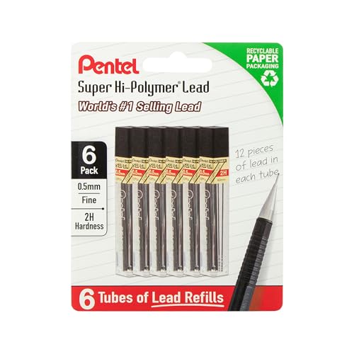 Pentel Super Hi-Polymer Lead Refills, 0.5 mm, 2H, 72 Pieces (12 pcs per tube, 6 tubes) - style: 2H