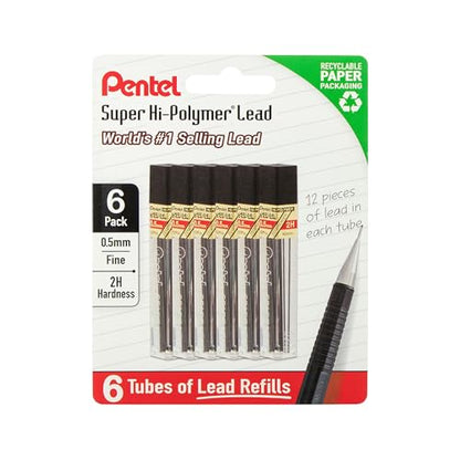 Pentel Super Hi-Polymer Lead Refills, 0.5 mm, 2H, 72 Pieces (12 pcs per tube, 6 tubes) - style: 2H