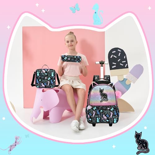 Black Backpack with Wheels for Girls,Cute Cat Rolling Backpack,Travel Carry On Luggage Kids Suitcase with Lunch Box Pencil Case for Ages 6-8 - color: Black Cat