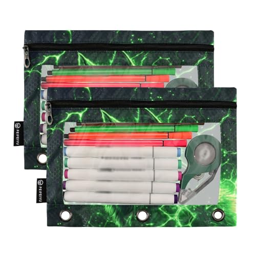 Wolf Pouch for 3 Ring Binder Clear Window Pencil Case for 3 Ring Reinforced Grommets with Zipper, 2 Pack - color: Wolf