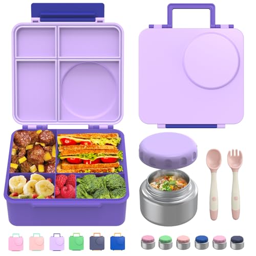 Bento Box for Kids - Leak-Proof Bento Lunch Box with Insulated Thermo Food Jar - 4 Compartments, 1 Removable Divider, 1 Spoon, 1 Fork - Dishwasher Safe, BPA-Free (Light purple) - color: Light Purple