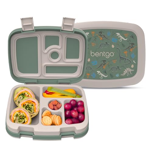 Bentgo Kids Prints Leak-Proof, 5-Compartment Bento-Style Kids Lunch Box - Ideal Portion Sizes for Ages 3-7, Durable, Drop-Proof, Dishwasher Safe, & PFAS & BPA-Free Materials (Dino Fossils) - color: Dino Fossils