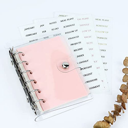A7 Dividers 6 Holes Durable Plastic Binder Dividers with 6 Tabs, Transparent Writable and Erasable File Page Separators for Loose Leaf Ring Binders, Notebooks (Pink - 2 Sets with Stickers)