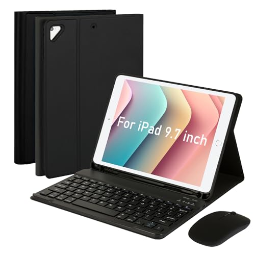 SOPPY Bluetooth Keyboard Case with Mouse for iPad 6th/5th Generation, iPad Pro 9.7-inch, Air 1/2, Detachable Wireless Keyboard with Pencil Holder, Slim Protective Cover, Rechargeable, US - Black - color: Black, size: 9.7 inch