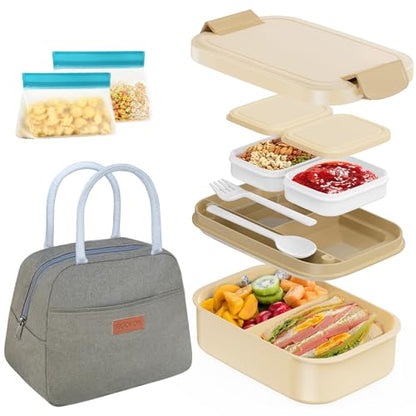 JBGOYON 4-in-1 Bento Box and Insulated Lunch Bag Set, Khaki | 6-hour insulation, 7.5 L lunch bag, leakproof 1.9 L container with 2 sauce cups, fork and spoon, 2 snack bags, BPA-fre - color: Khaki