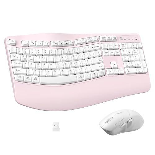 Ergonomic Wireless Keyboard and Mouse Combo, Wave Keys Keyboard with Wrist Rest for Natural Typing, 3 DPI Adjustable Ergonomic Silent Mouse for Computer/Laptop/Windows/Mac (Pink) - color: Pink
