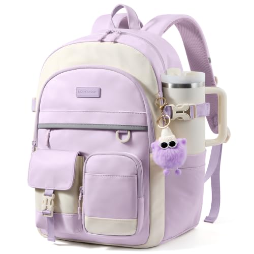 LOVEVOOK School Backpack for Teen Girls, Student Backpack Purse for 8-16 Teenage, Cute Kid Bookbag with Large Cup Holder, Back to School Backpacks Fit 15.6 Inch Laptop, Large College Travel Bag Gift - color: Light Purple-white With Reflective Strip, size: