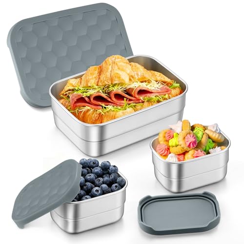 TeamFar Stainless Steel Lunch Box, Food Snack Storage Bento Containers with Silicone Lids for Kids Adults to School Work, Kids Friendly & Dishwasher Safe, Leak-Proof & Easy Open, 25OZ + 8OZ*2 (Grey) - color: Gray
