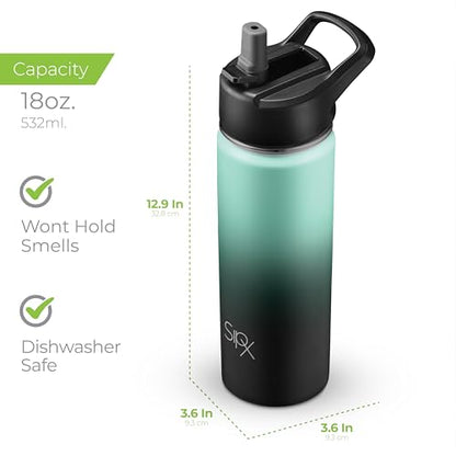SipX™ 18 oz Insulated Water Bottle with 3 Lids – Leakproof Stainless Steel, Triple Insulated – Cold 24 Hours/Hot 12 Hours – Durable Bottle for School, Gym, Travel – Gradient Mint Black - color: Gradiant Mint Black, size: 18 Ounces