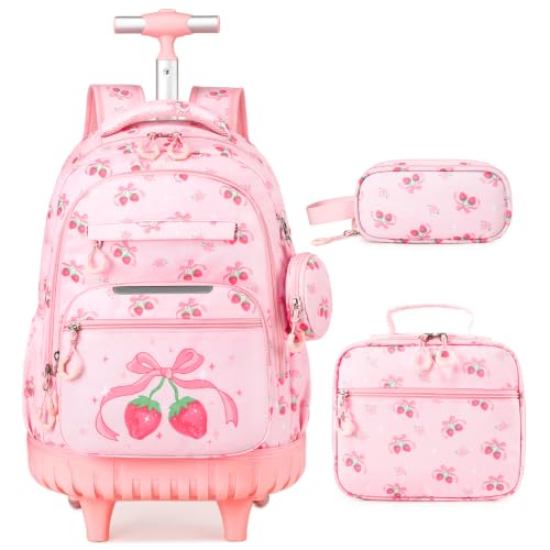 Rolling Backpack for Girls, 3PCS Roller School Backpacks for Girls with Lunch Bag and Pencil Pouch, Kids Bookbag School Bag with Wheels for Kindergarten Elementary Middle School Travel - color: Pink Bow Cherry