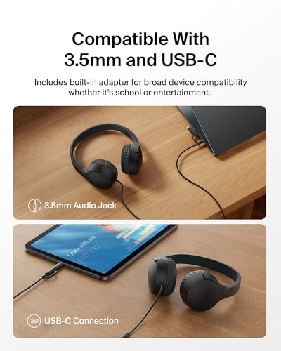 Belkin SoundForm Mini Kids Wired Headphones w/USB C to 3.5mm Dongle, Built-in Mic & Fun Stickers, 85dB Max Volume – for Online Learning, Travel, Compatible w/iPhone 16, iPad, Galaxy S25, etc - Black - color: Black, style: Wired (USB-C)