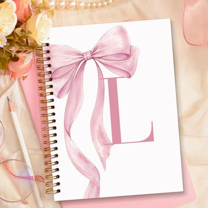 JXREQ Coquette Pink Bow Personalized Notebook, Initial Letter L Monogram Journal, Preppy Girly Ribbon Bow Journal, Monogrammed Gifts for Women, Aesthetic Spiral Notebook 5.5x8.3 - color: Lpink