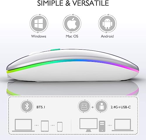 Wireless Bluetooth Mouse for MacBook Air/Mac/Pro/Laptop/Computer/PC,Rechargeable Dual Mode Switch Mouse Bluetooth 5.2/3.0 and 2.4GHz USB Receiver (Silver)