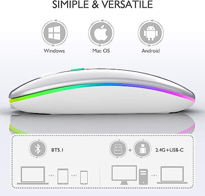 Wireless Bluetooth Mouse for MacBook Air/Mac/Pro/Laptop/Computer/PC,Rechargeable Dual Mode Switch Mouse Bluetooth 5.2/3.0 and 2.4GHz USB Receiver (Silver)
