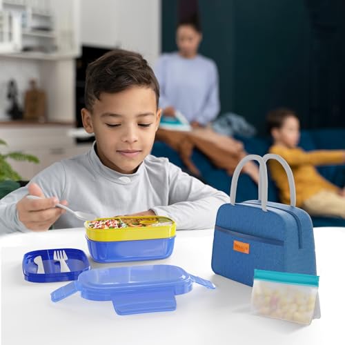 JBGOYON Leakproof Bento Box & Insulated Lunch Bag Set, 4-Piece, Blue | 6-hour thermal retention, includes nested knife fork spoon, 2 reusable snack pouches, designed for adults and kids - color: Blue set