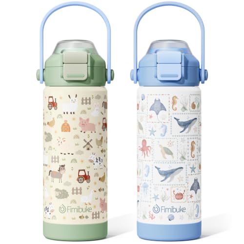 Fimibuke Kids Insulated Water Bottle with Pop-Open Straw & Spout 2-in-1 Lid, 18oz Leak Proof 18/8 Stainless Steel Vacuum Tumbler, BPA-Free Kids Cup For Travel School Boys Girls Toddler 2 Packs - color: Farm & Marine Animals, size: 18 Ounces