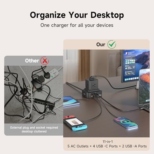 Charging Station (100W), 11-in-1 USB C Power Strip with Surge Protection, 6.6Ft Extension Cord, 4 USB C and 2 USB A Ports, 5 AC Outlets for Home Office Dorm Room - size: Retractable-Deck