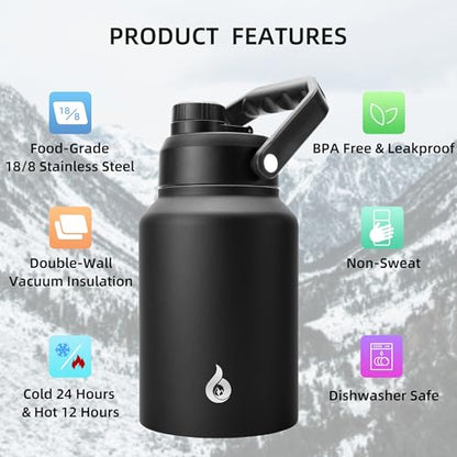 BJPKPK 64 oz Insulated Water Bottle, Dishwasher Safe Half Gallon Water Bottle with Ergonomic Handle, BPA Free Leak Proof Water Jug for Sports, Metal Jug with Anti-slip Bottom, Black - color: Black, style: 64oz