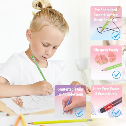 Pre-Sharpened Pencils #2 HB for Kids, School Number 2 Pencils with Latex-Free Erasers, Smooth Writing, Break-Resistant, Easy to Sharpen, Comfort Grip, Back to School Supplies, 12 Count - color: Bright