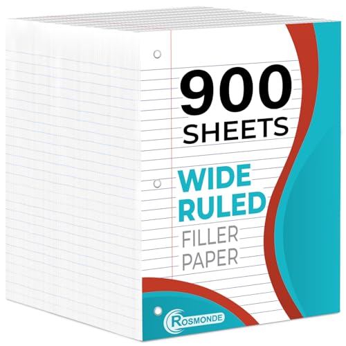 Rosmonde 6 Pack Loose Leaf Paper, 900 Sheets, Wide Ruled, 8" x 10.5", Bulk Notebook Paper, 150 Sheets/Pack, Fits Standard 3 Ring Binders, Wide Ruled Filler Paper for School, White Notebook Paper - color: Wide Ruled, size: 6 Pack (900 Sheets)
