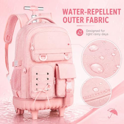 KLFVB Rolling Backpack for Girls, 3PCS Roller Bookbag with Lunch Bag for Kids, Wheeled School Bag for Teen - Pink Ribbon Bow - color: Pink Ribbon Bow Rolling Backpack