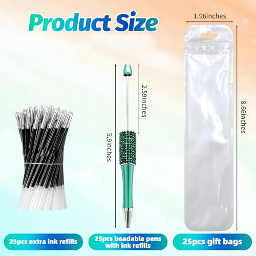 75 Pcs DIY Diamond Beadable Pen Kit - 25 Plastic Rhinestone Beaded Pens Bulk with Refills & Bags - Fancy Cute Glitter Pens for Crafting, Students & Teachers – School Supplies (Green) - color: Green, size: 25