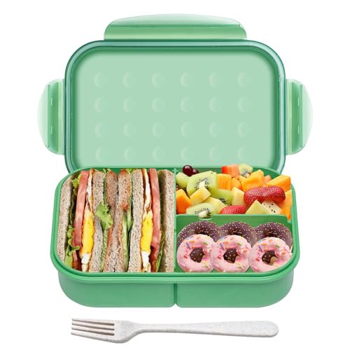 Itopor Bento Box for Kids & Adults, Lunch Box 46 oz, Sage Green | Wheat straw material, BPA-free, leakproof, 3 compartments, microwave & dishwasher safe, for school, office & travel - color: Sage Green
