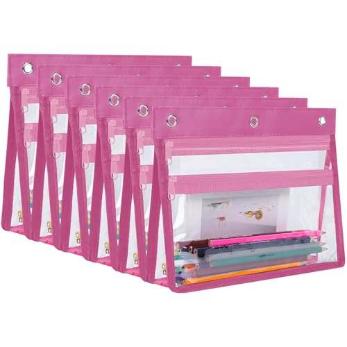 YoeeJob 6 Pack Zipper Pencil Pouches for 3 Ring Binder, 1.5 Inch Expandable with 2 Pockets and Clear Window for School and Office （Pink） - color: Pink, size: 6 Packs