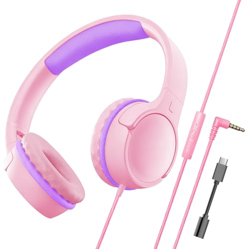 Kids Wired Headphones for School, Over-Ear Children's Headphones with Microphone, Foldable 85/94dB Volume Limited Headphones, 3.5mm & USB-C Compatible(Candy Pink) - color: Candy Pink