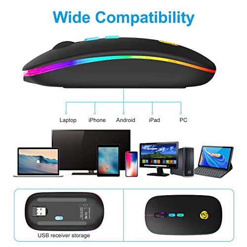 CC Store LED Wireless Bluetooth Mouse &2.4GHz Instant Connection,Rechargeable Ultra Silent Slim,3 Adjustable DPI 2 Connection Modes with USB-C to USB Adapter for Laptop/MacBook/PC/Tablet/iPad (Black) | Bluetooth mouse with 2.4GHz USB receiver, silent slim
