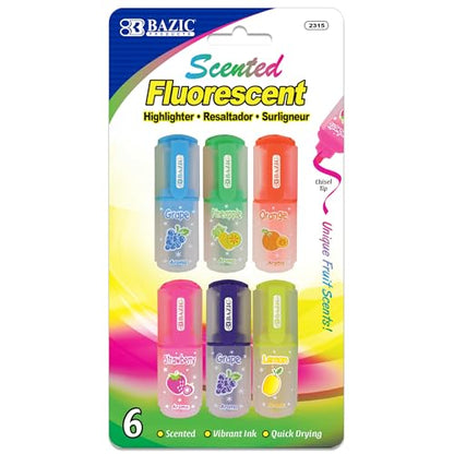BAZIC PRODUCTS Fruit Scented Mini Highlighters, Chisel Tip, 6 Count | fruit-scented fluorescent mini highlighters; compact; Quick-dry; non-toxic ink; ASTM D-4236